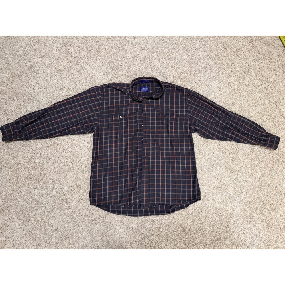 Pendleton Expedition Shirt Mens Large Navy Blue Orange Plaid Cotton Button Down